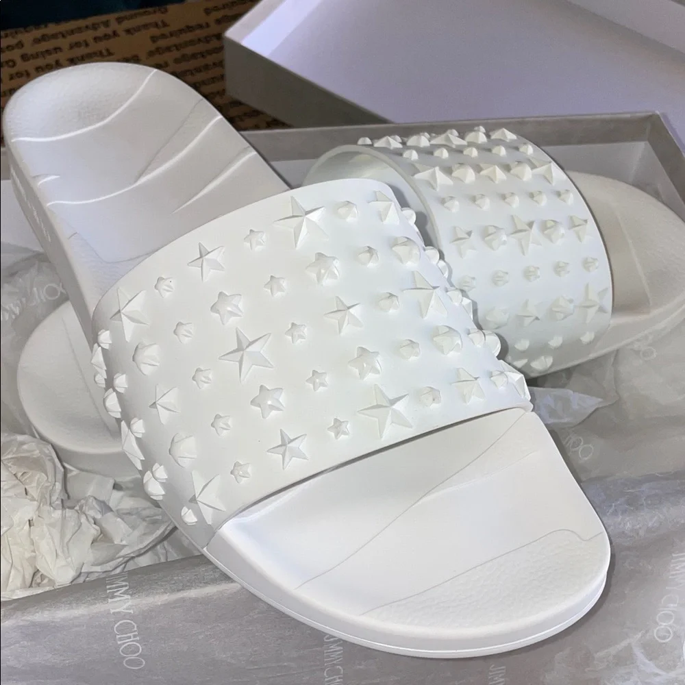 JIMMY CHOO White Star Embellished Unisex Slides - Picture 10 of 14